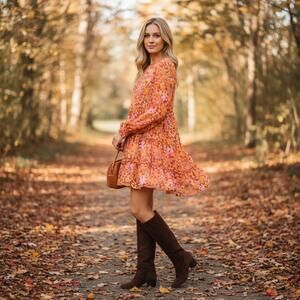 Peach Love Women’s Size L Orange Floral Tiered Long Sleeve Dress Boho